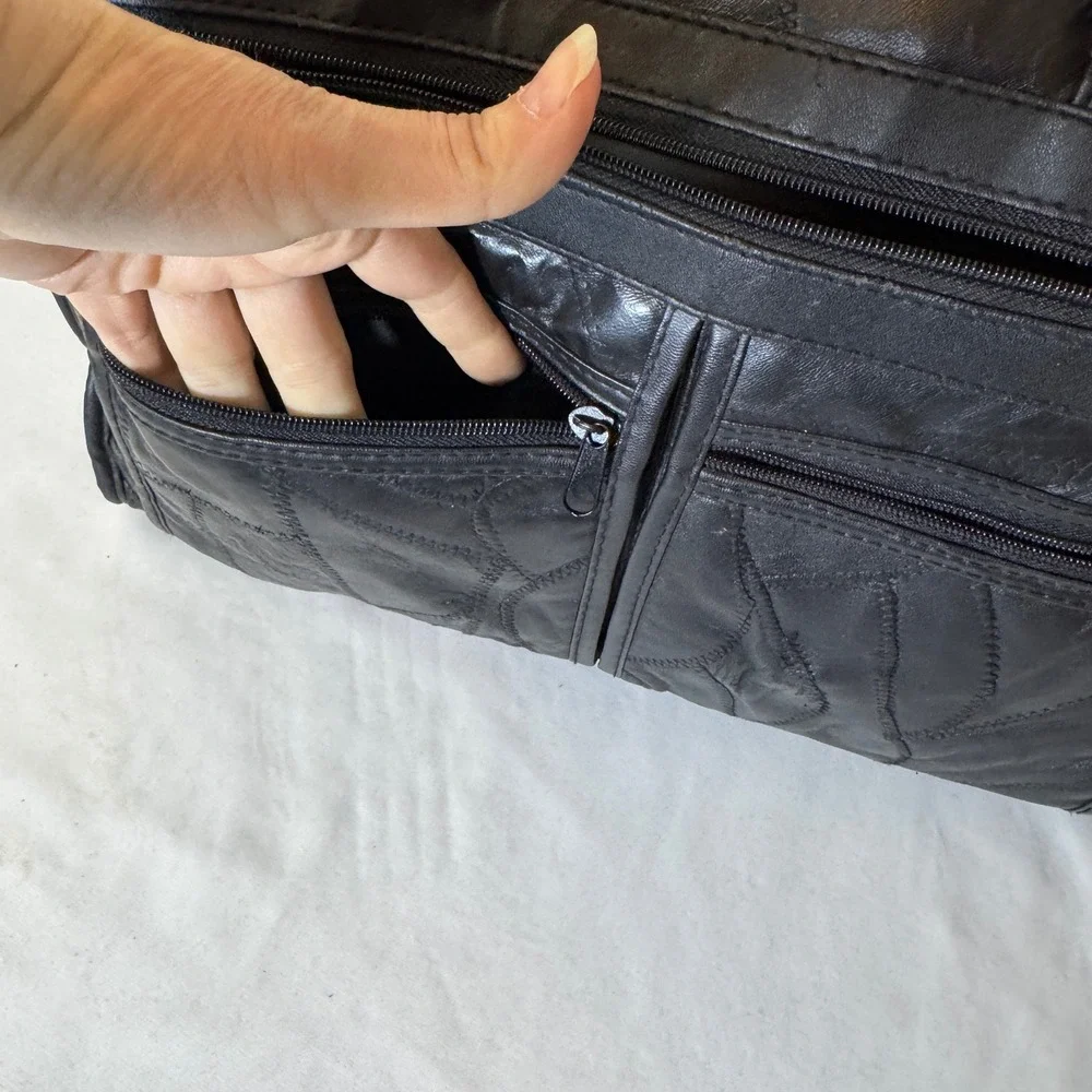 Patchwork Bonded Leather Briefcase Large Black Laptop Bag Professional